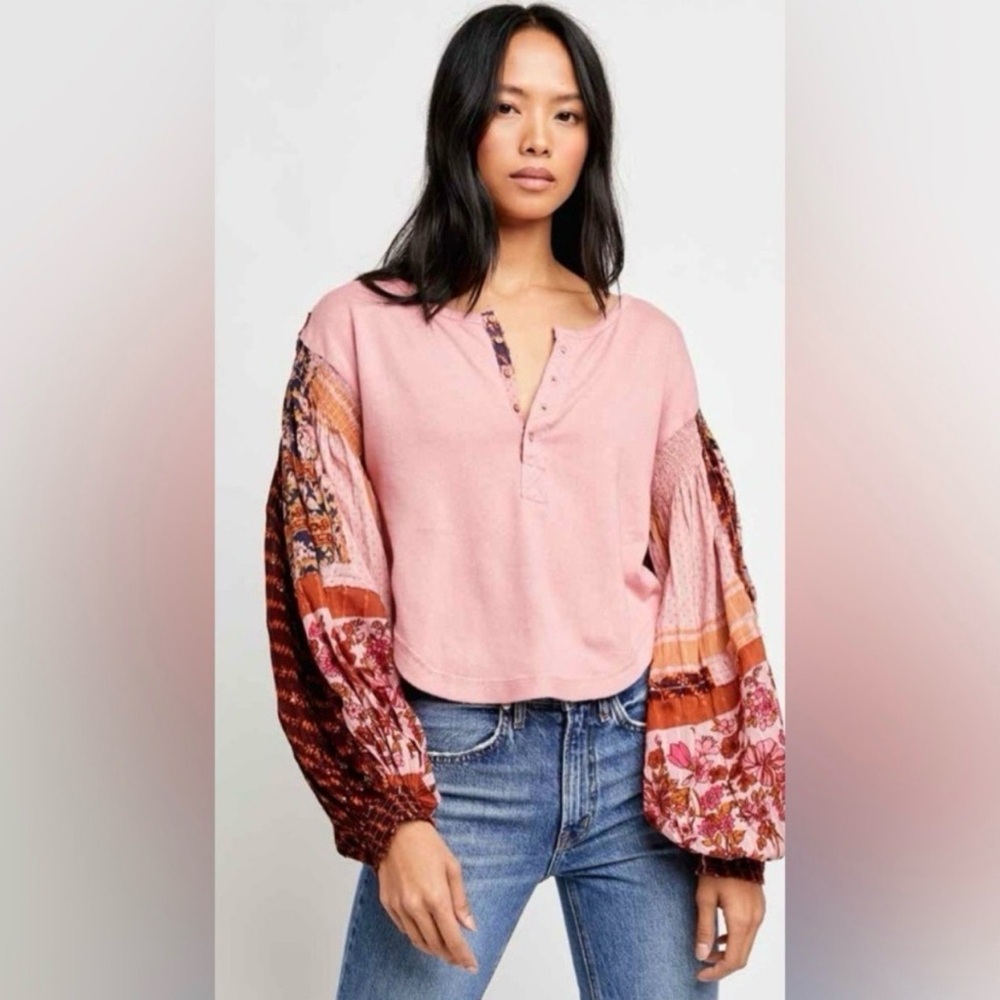 Free People Light Magic Balloon Sleeve Pink Henley Top Size XS